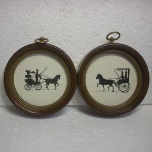 Pair of Silhouette Horse and Carriage Images in Round Frames